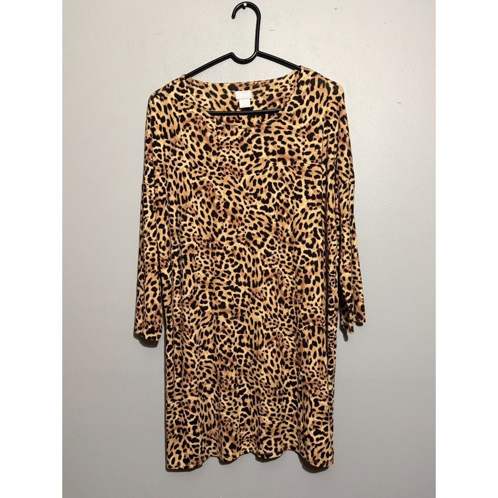 Chico's Leopard Animal Print Tunic Top Size 2 L 3/4 Sleeve Stretch Longline